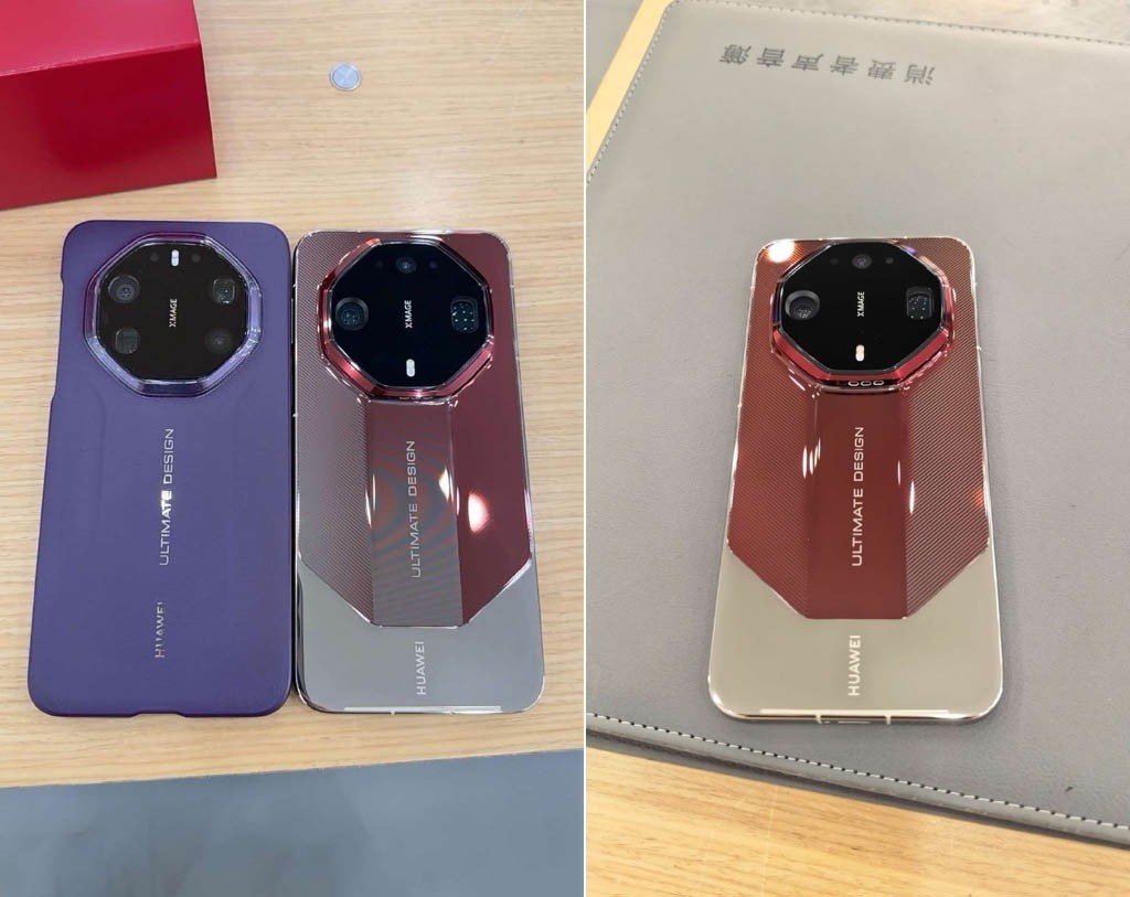 Huawei Mate 90 RS Ultimate em roxo e vermelho, com traseira de cerâmica e módulo de câmera octogonal