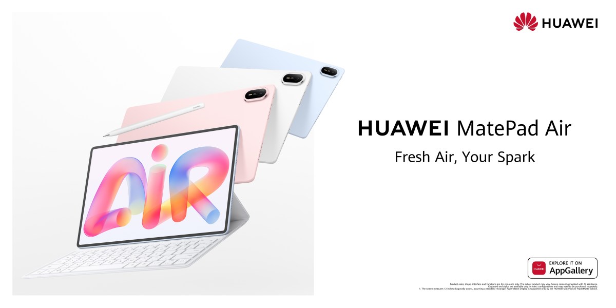 Teaser oficial do Huawei MatePad Air em rosa, branco e azul