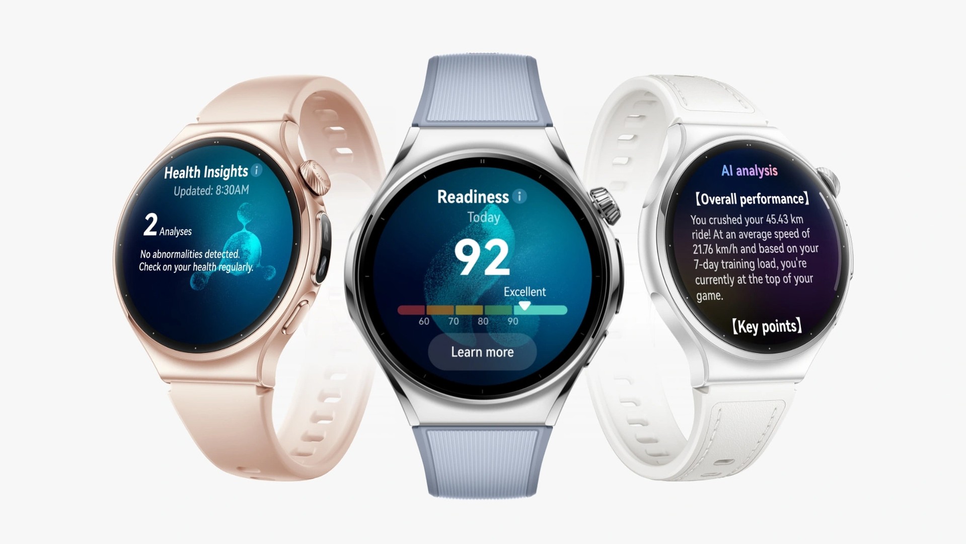 Huawei Watch 6 nas versões dourada, prata e branca mostrando as telas de Health Insights, Readiness e análise por IA