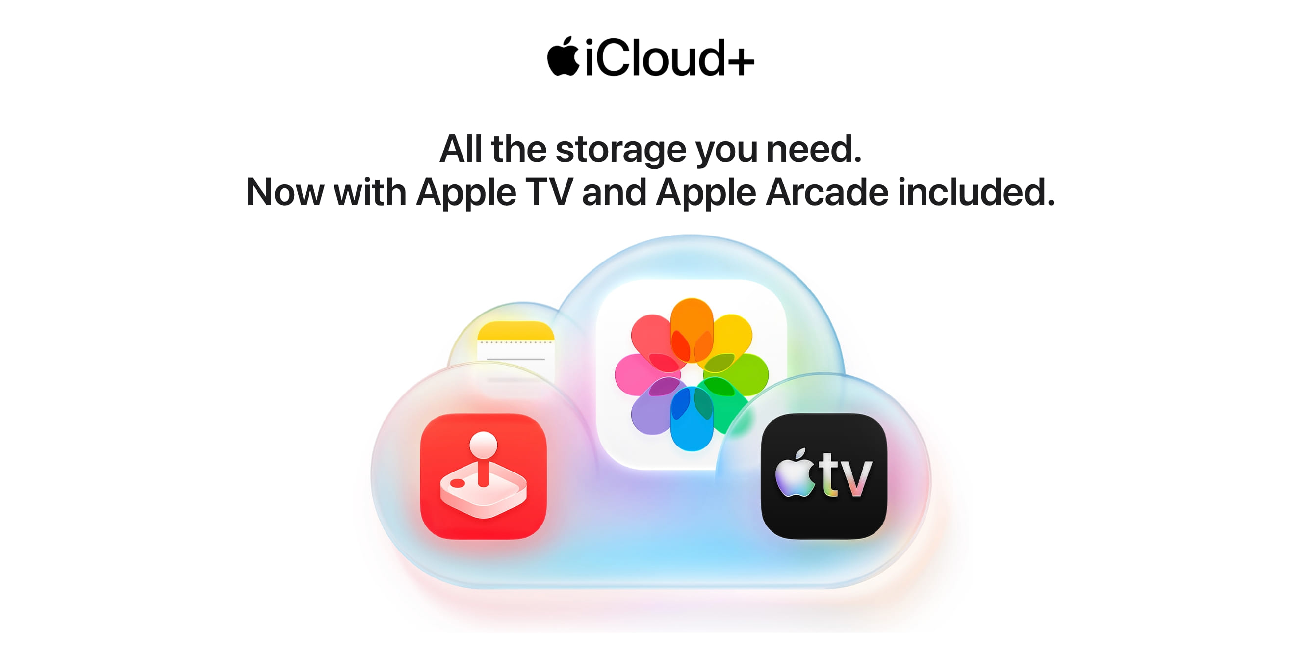 Arte da Apple anunciando o iCloud+ com Apple TV e Apple Arcade incluídos