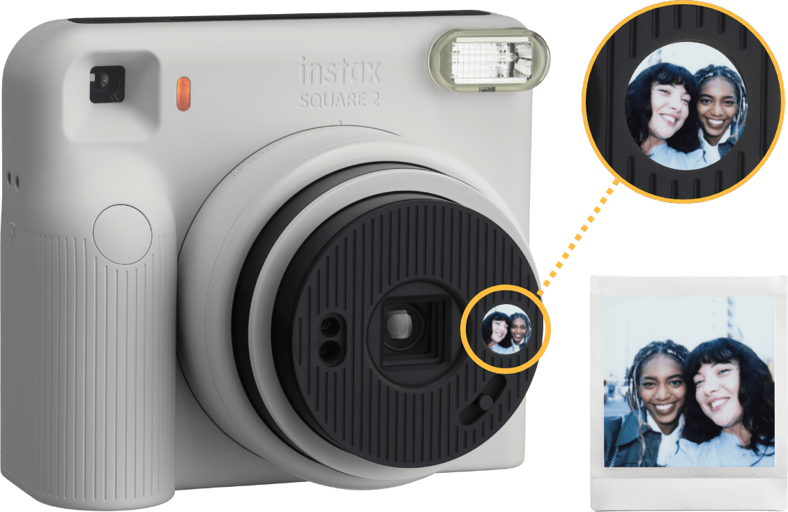 Diagrama do espelho de selfie ao lado da lente da Instax SQUARE 2