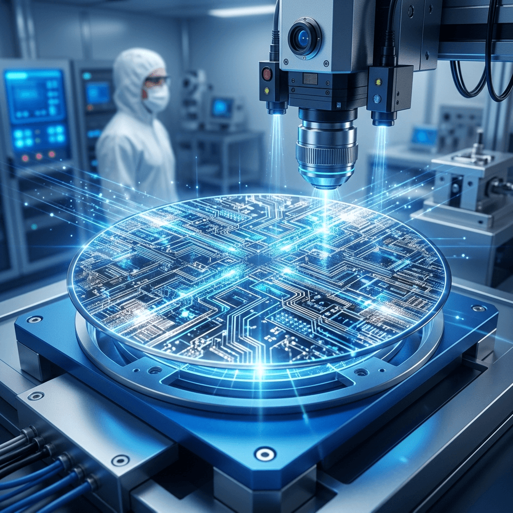 Ilustração conceitual de um wafer de semicondutores em inspeção