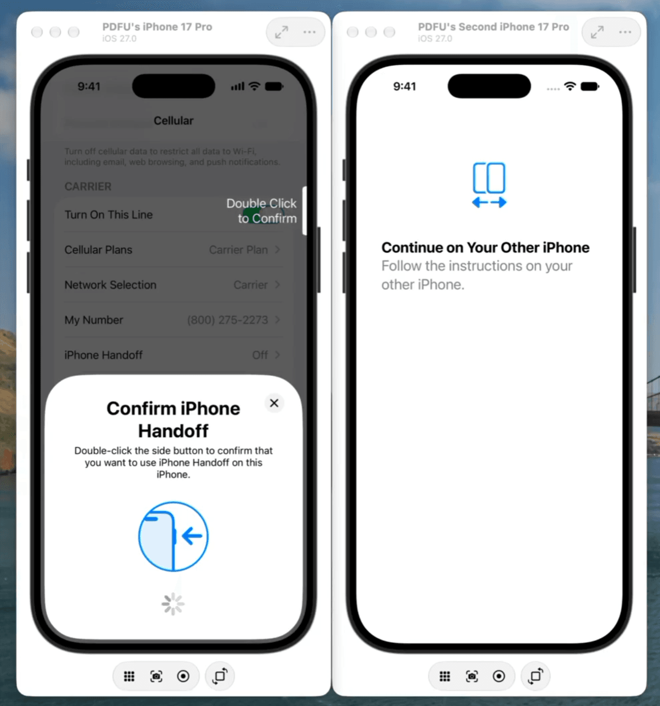 Telas do iOS 27 mostrando a configuração do iPhone Handoff em dois iPhones