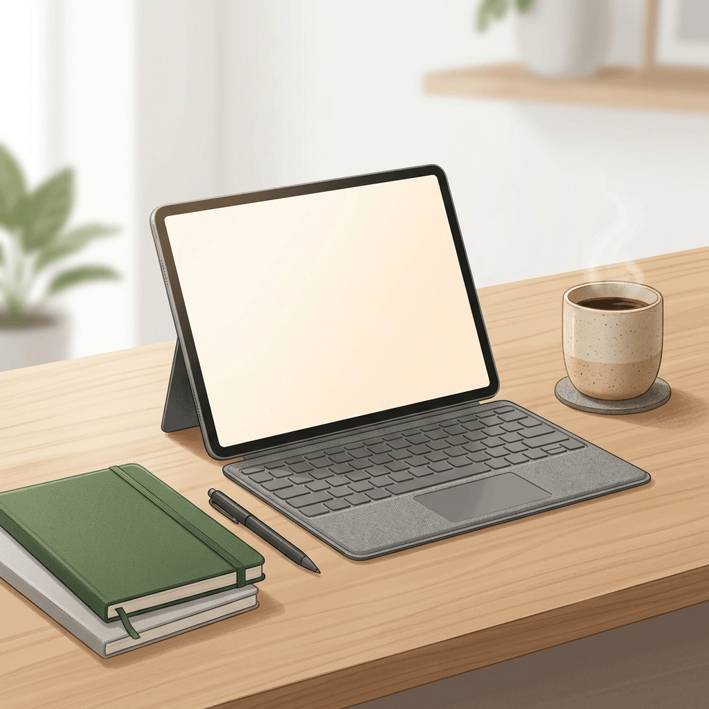 Ilustração conceitual de um tablet grande com teclado acoplado sobre uma mesa de estudo
