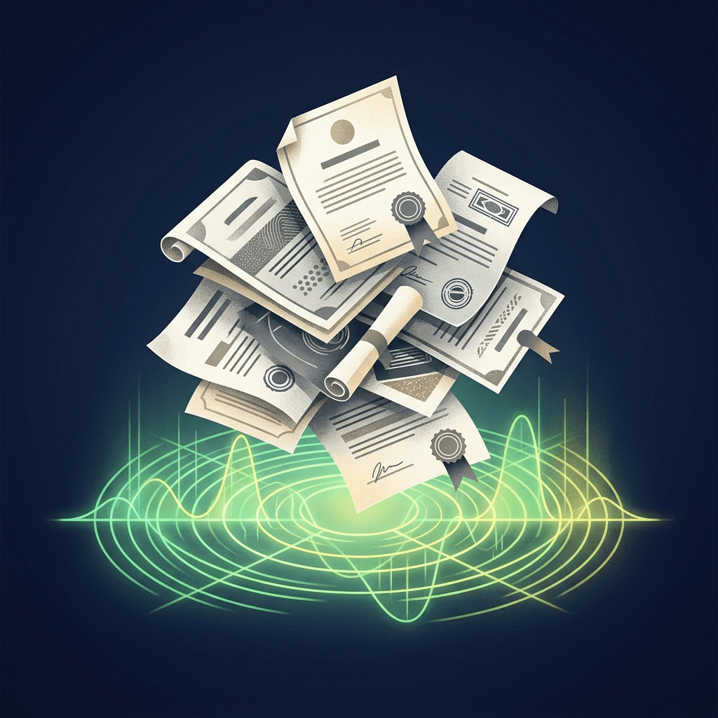 Ilustração conceitual de certificados oficiais empilhados sobre um padrão de ondas de rádio