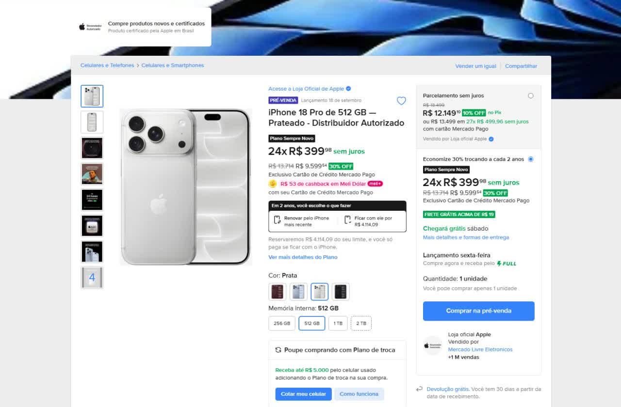 Página da oferta no Mercado Livre mostrando o plano de assinatura de 24 parcelas e o valor residual para ficar com o aparelho