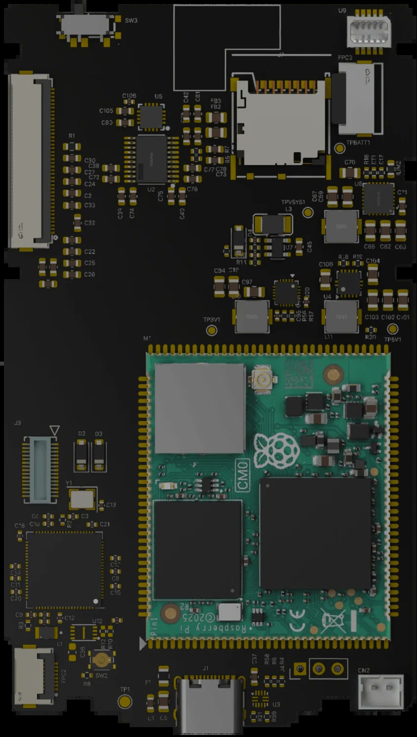 Placa-mãe Sprout vista de cima, com o módulo Raspberry Pi no centro