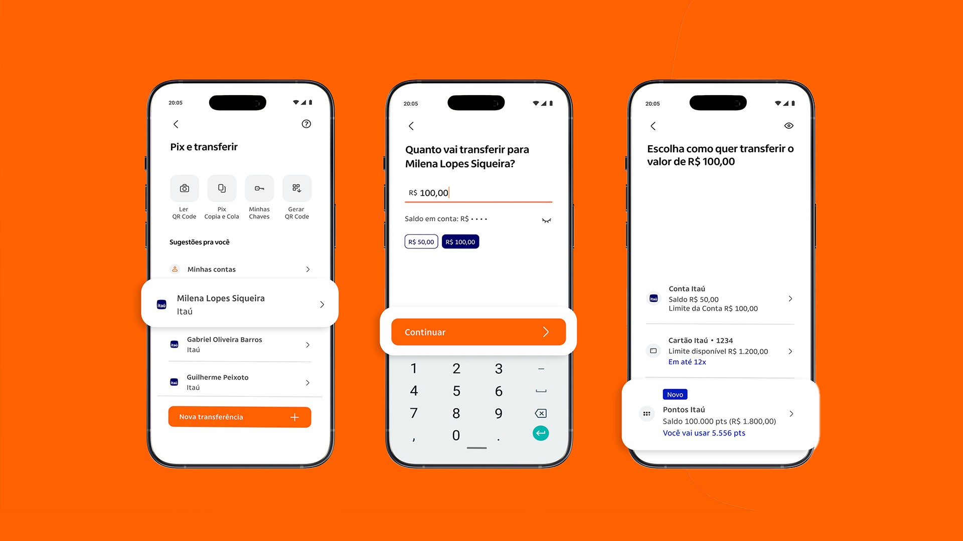 Telas do app Itaú no passo a passo do Pix com pontos