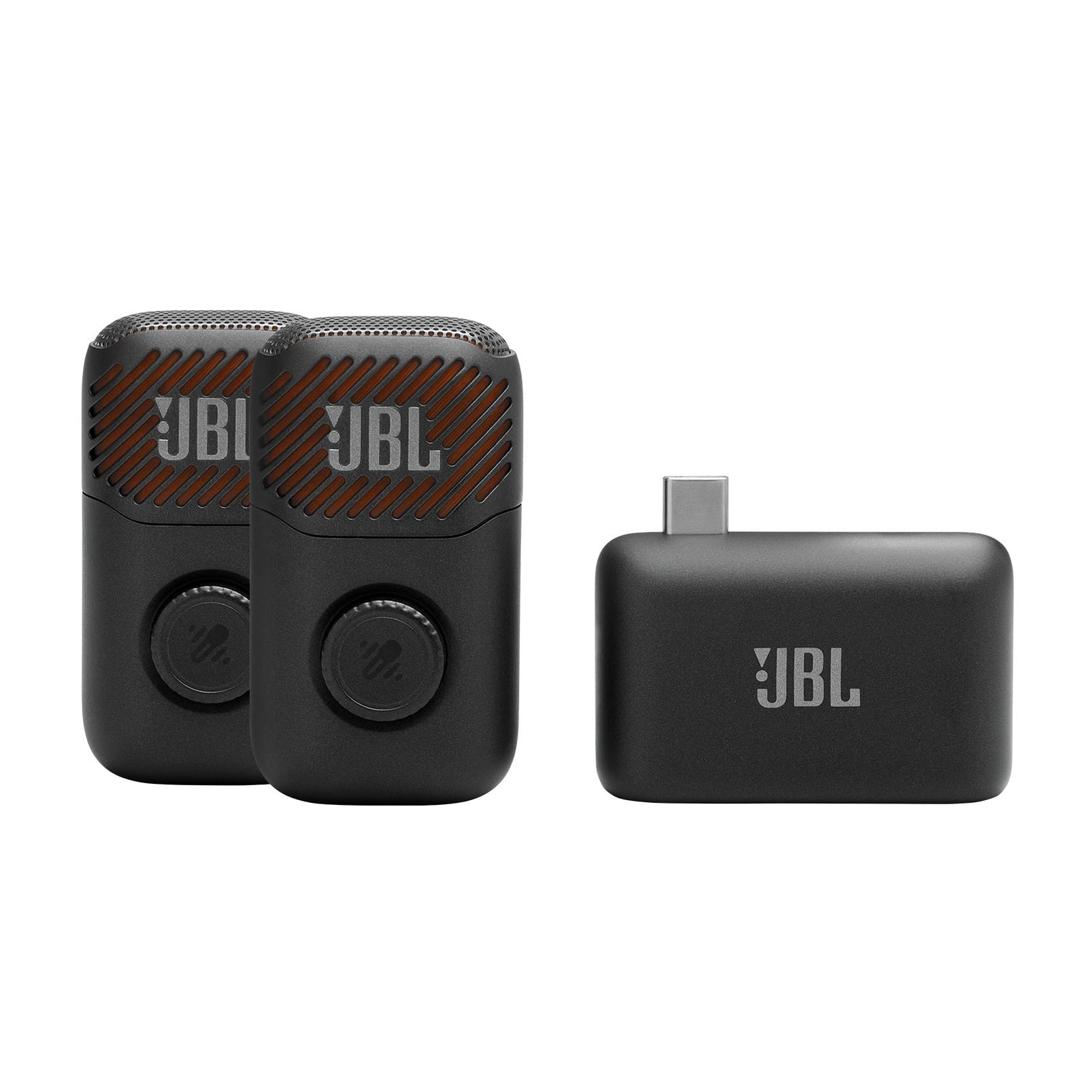 Dupla de microfones JBL EasySing Mic Mini Duo ao lado do dongle USB-C