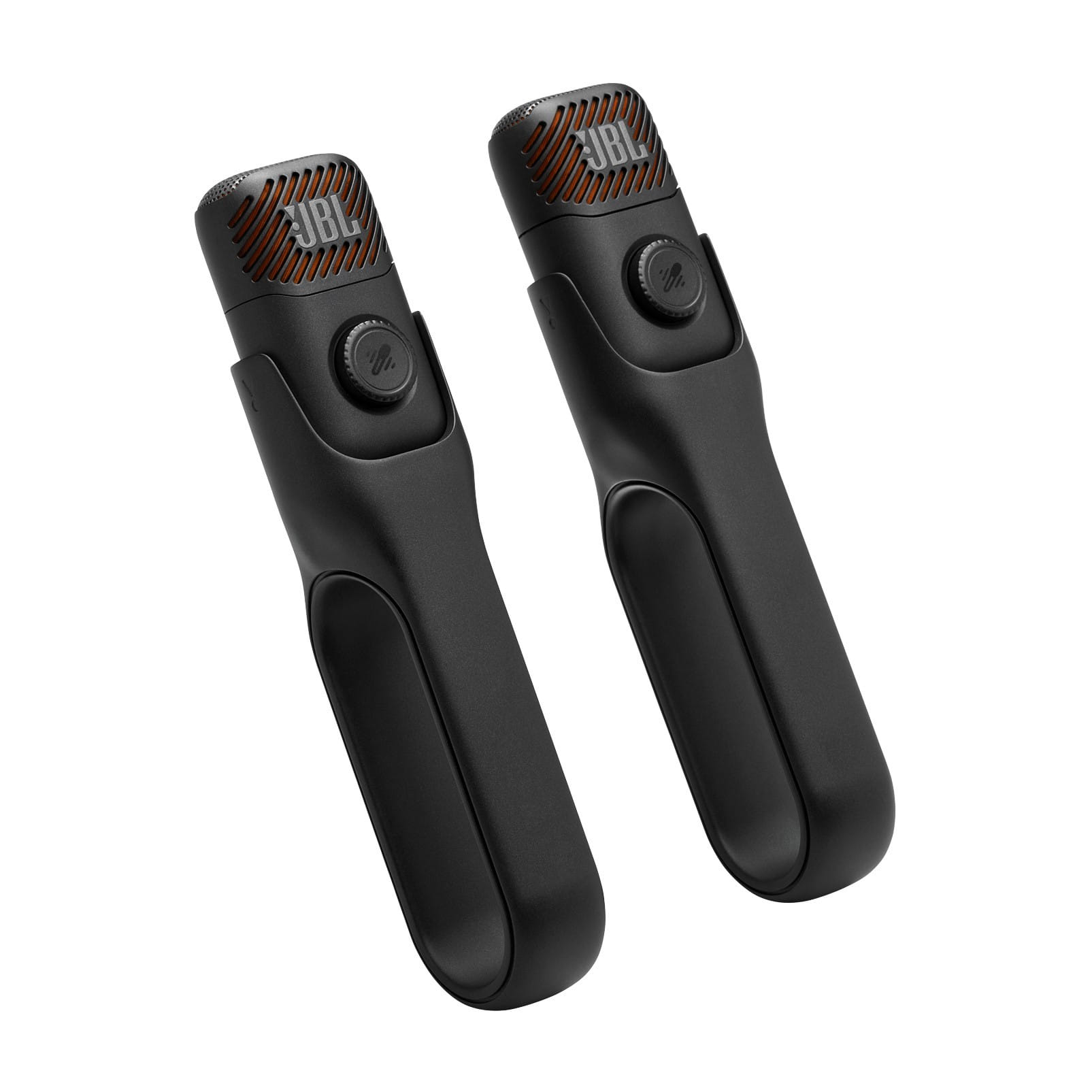 Par de microfones JBL EasySing com as presilhas magnéticas encaixadas