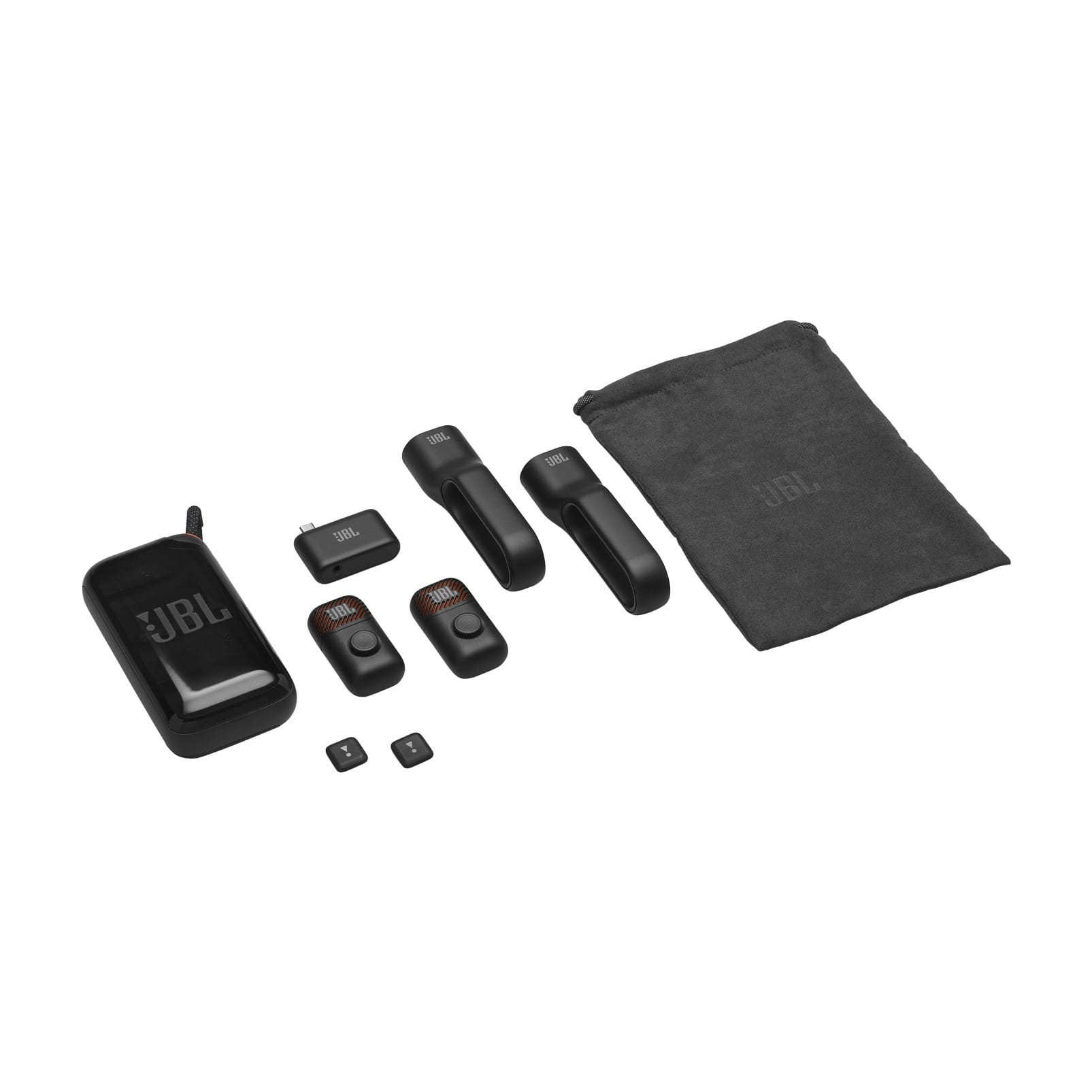 Conjunto completo do JBL EasySing Mic Mini Duo com estojo, dongle, presilhas e bolsa