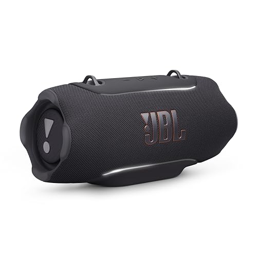JBL Xtreme 5 em destaque, com alça de ombro e iluminação de borda