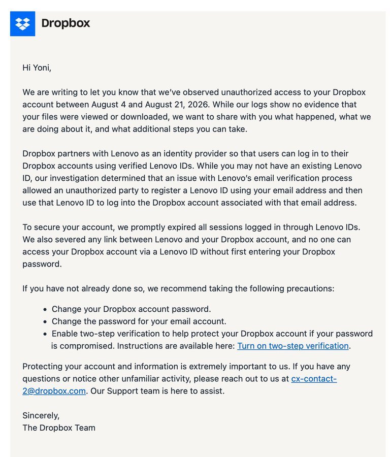 Aviso de acesso indevido a conta do Dropbox