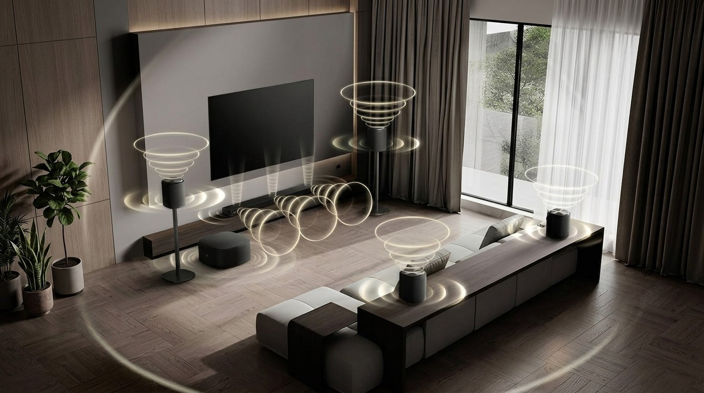 Caixas e soundbar do LG Sound Suite em uma sala de estar
