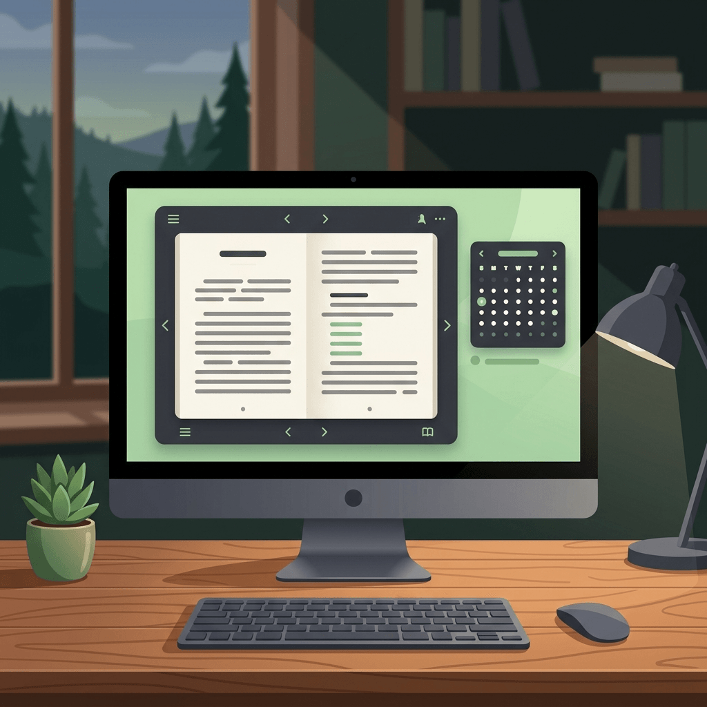 Ilustração conceitual de um leitor de e-books e um calendário abertos em um computador de mesa