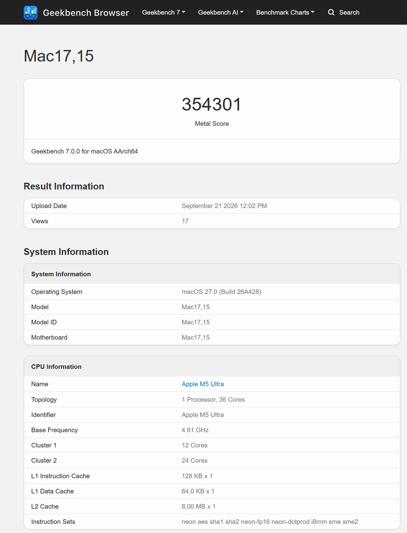 Resultado do Mac17,15 no Geekbench com 354.301 pontos no teste Metal