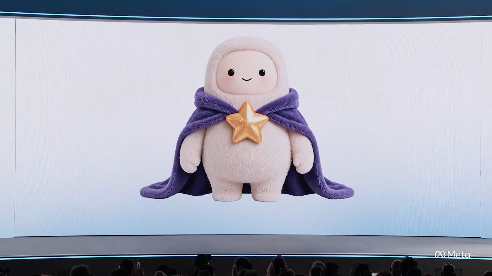 Muse, o agente de IA da Meta, representado pelo mascote de capa roxa no palco do evento de lançamento