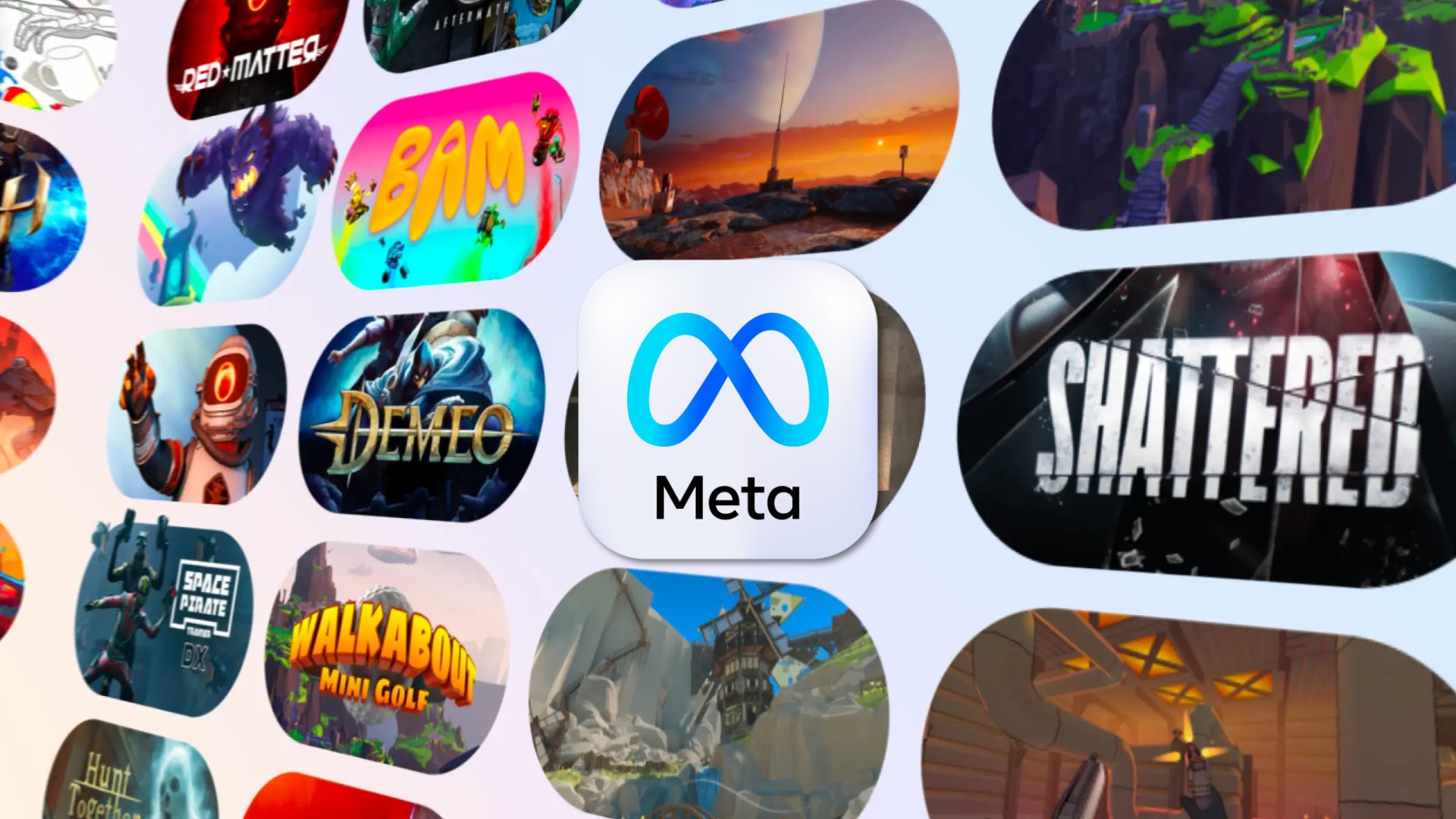 Logo da Meta sobre uma parede de jogos disponíveis no Meta Quest
