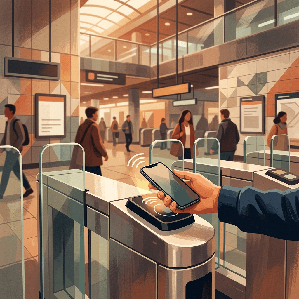Ilustração de uma mão aproximando o celular do validador de uma catraca de metrô