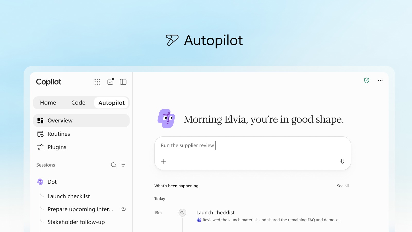 Tela do Autopilot no novo app do Copilot, com rotinas e sessões em andamento