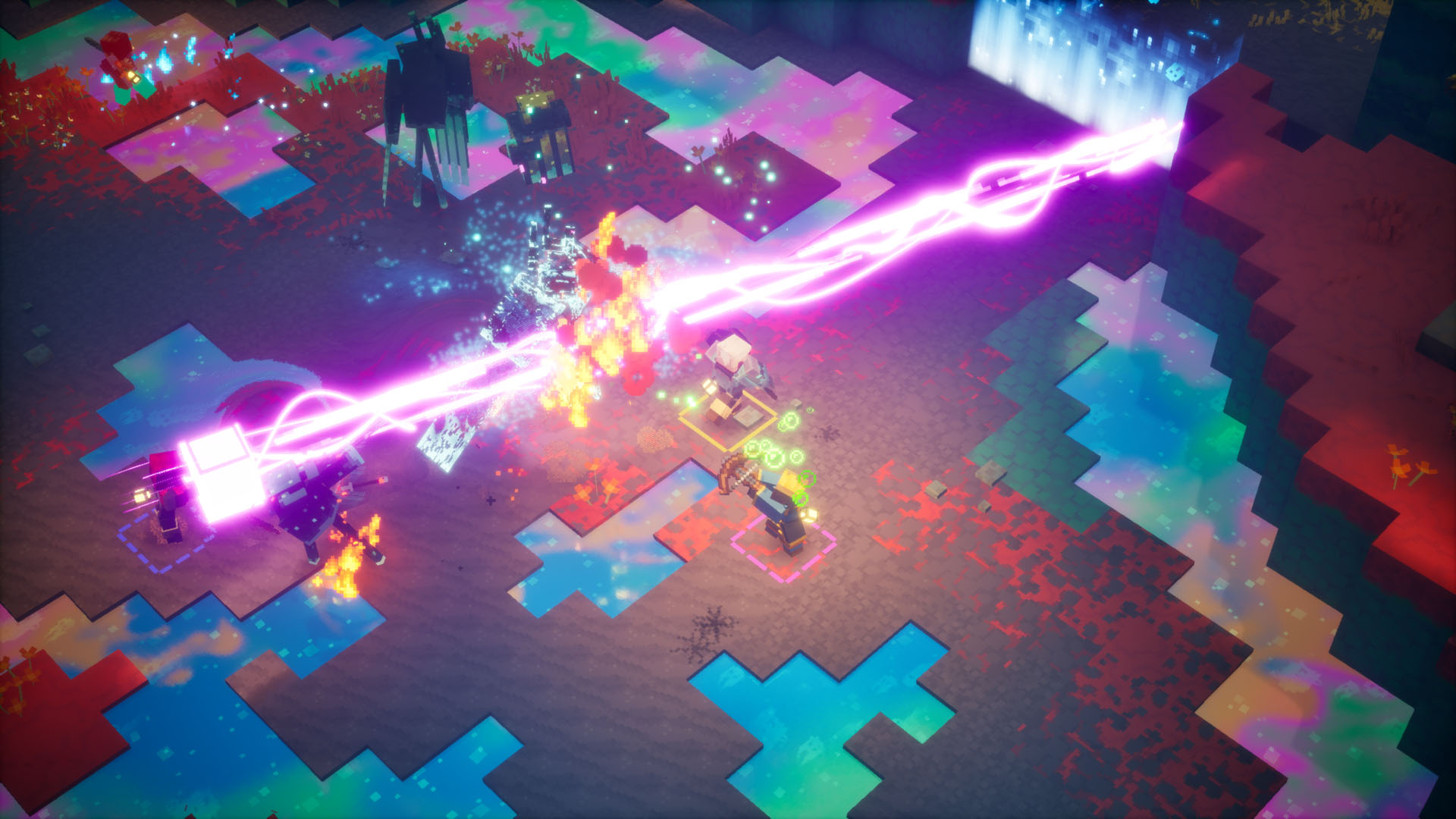 Raio de energia rosa atravessando o terreno colorido do Sift em Minecraft Dungeons II