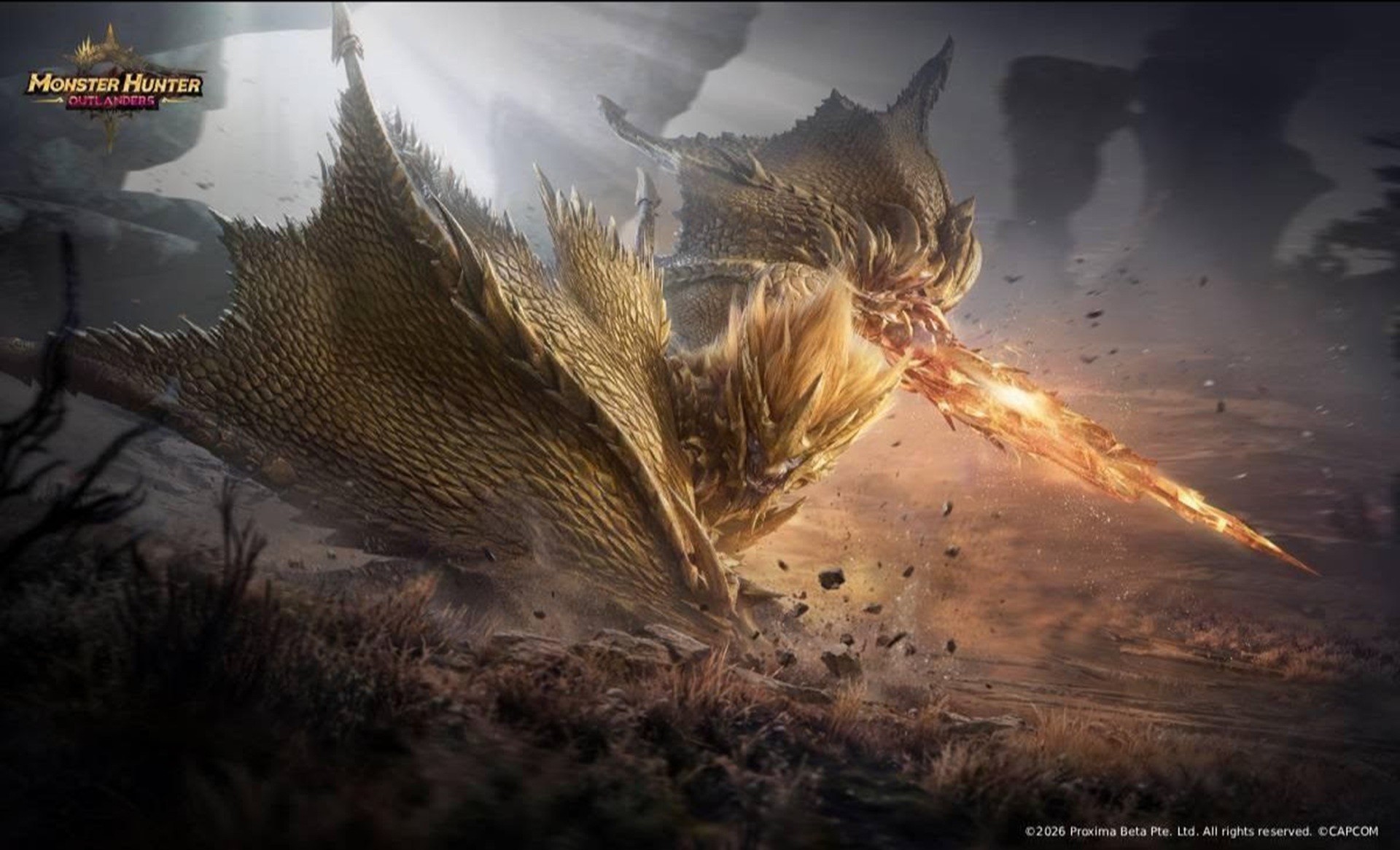 Arte de Monster Hunter Outlanders com o monstro Ruger Aidal atacando com asas douradas