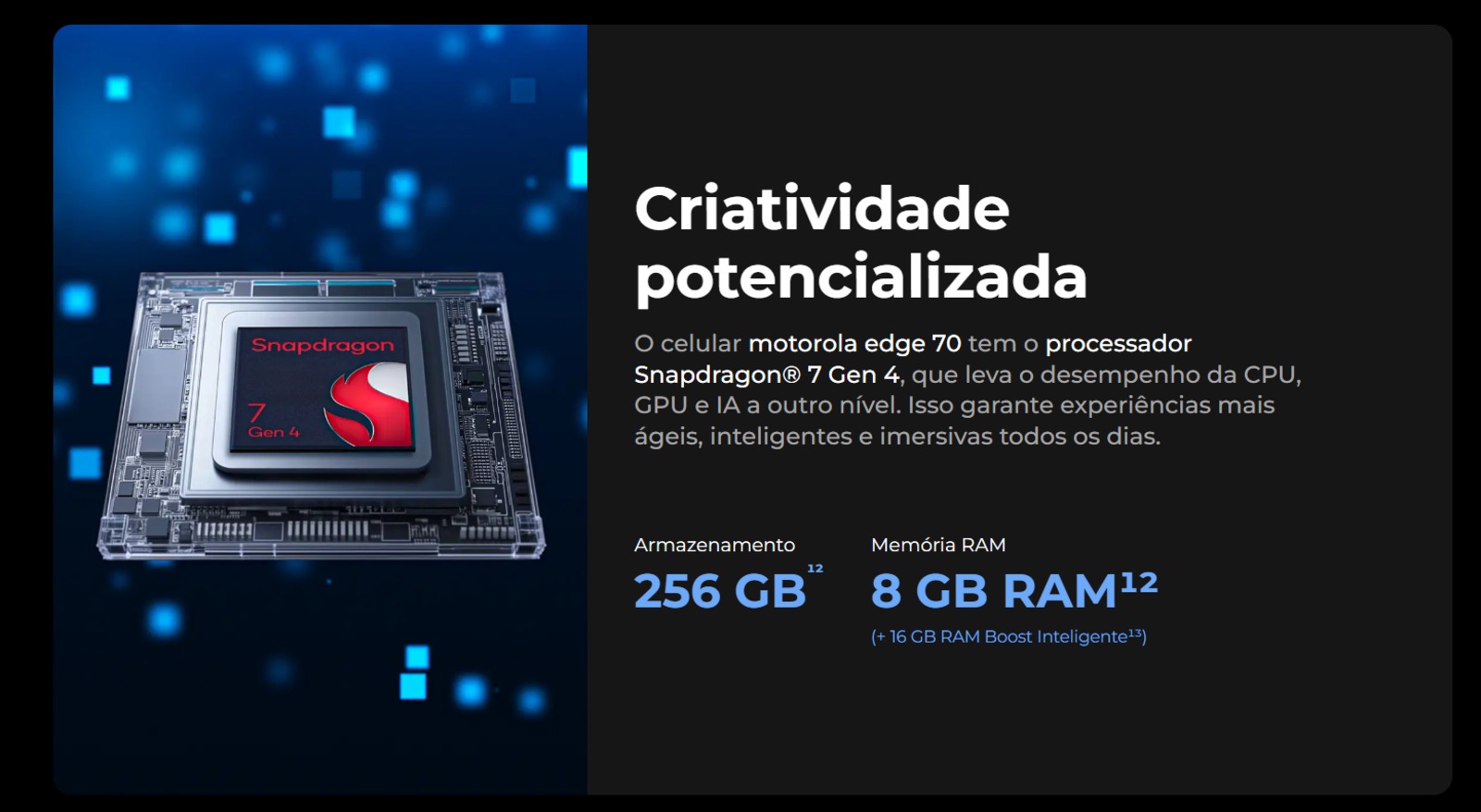 Página oficial do Motorola Edge 70 Pro com o destaque de até 24 GB de RAM e a divisão entre RAM física e RAM Boost em letra menor