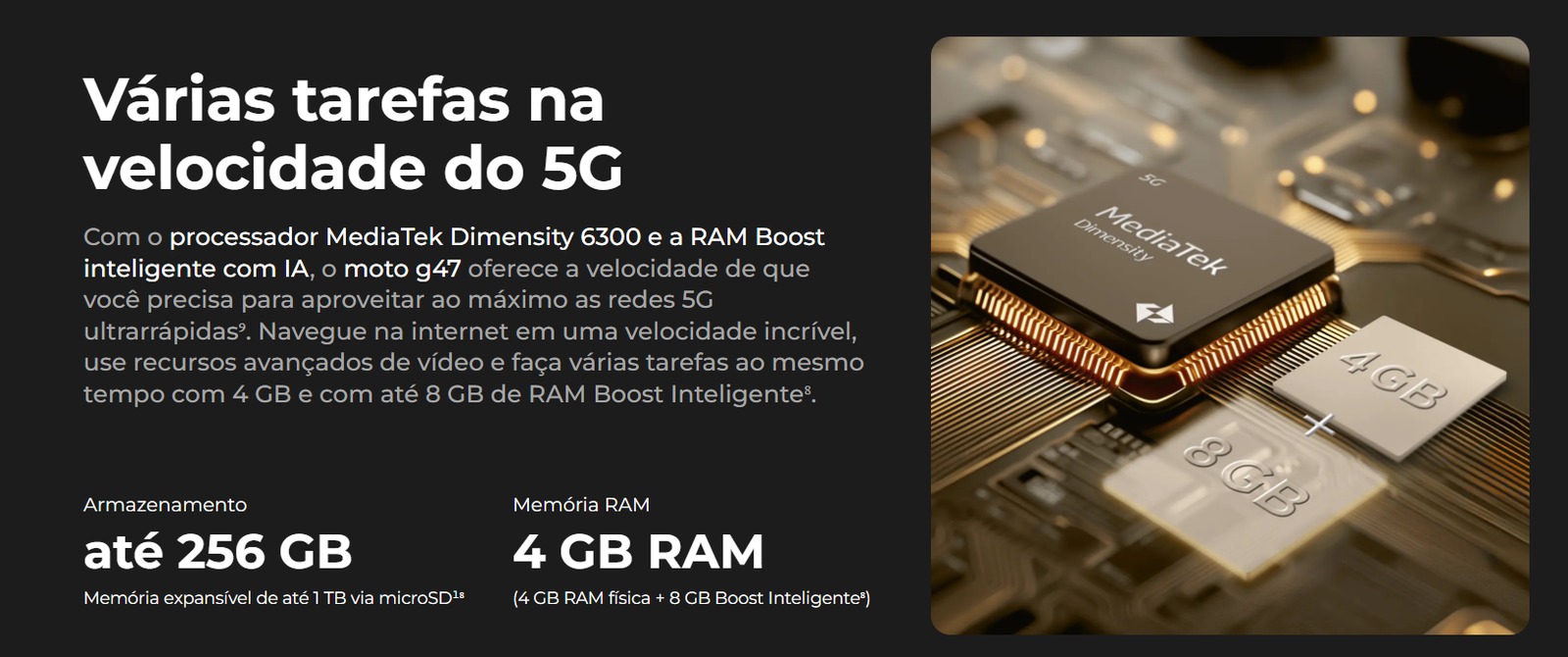 Anúncio do Moto Edge 70 com 8 GB de RAM em destaque e os 16 GB de RAM Boost citados em linha separada
