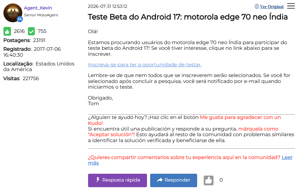 Mensagem em fórum oficial mencionando o teste beta do Android 17 para o Motorola Edge 70 Neo