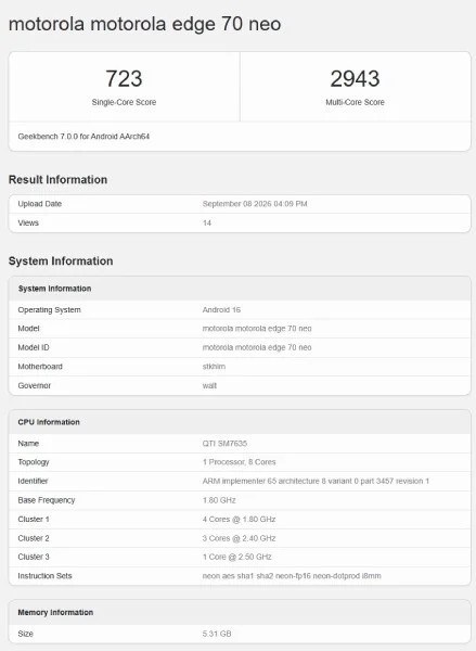 Registro do Motorola Edge 70 Neo no Geekbench mostrando as pontuações e o chip QTI SM7635