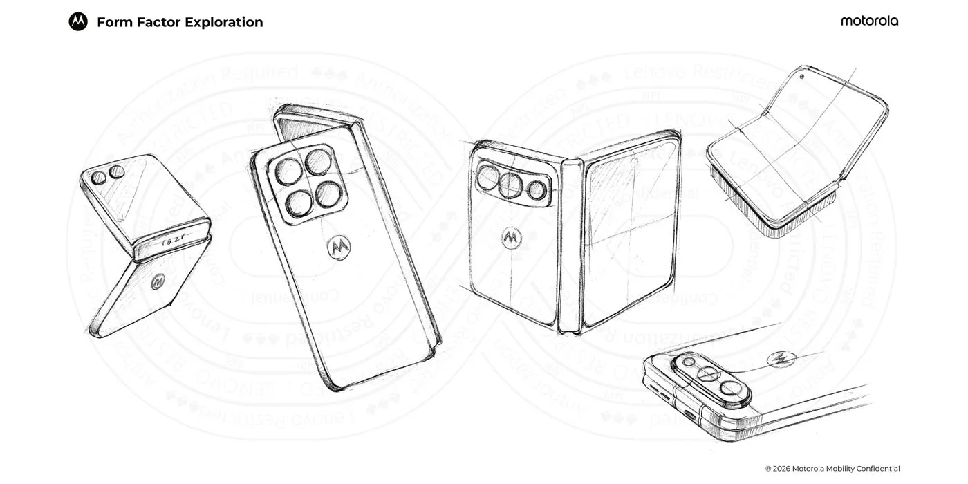 Página do documento interno da Motorola com esboços de dobráveis