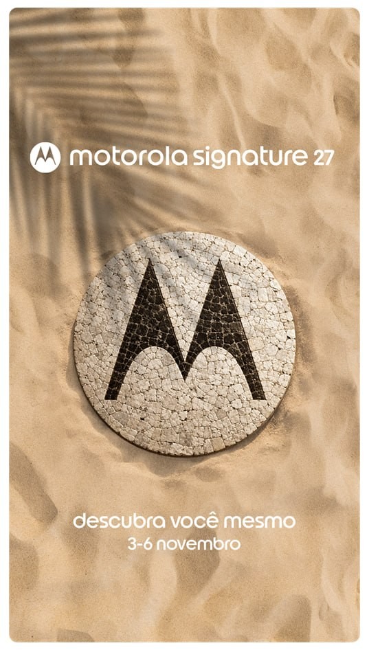 Convite da Motorola para o lançamento do Signature 27 no Brasil, com o logo desenhado na areia