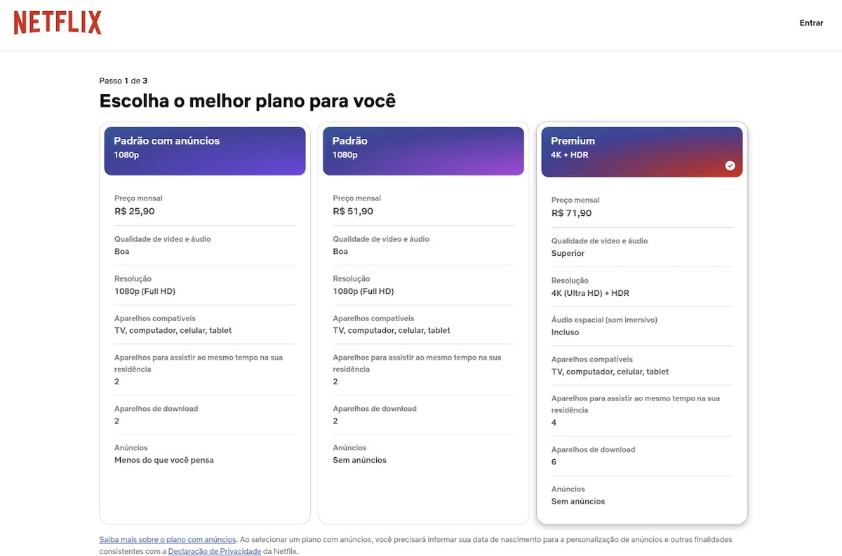 Tabela de planos exibida na cobertura do reajuste da Netflix.