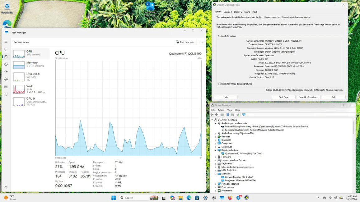 Windows 11 rodando em um NexPhone de desenvolvimento com o Gerenciador de Tarefas mostrando o chip Qualcomm QCM6490