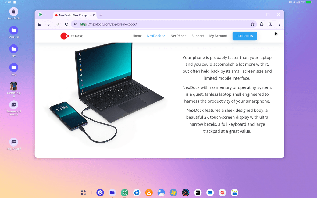 Modo desktop do Android no NexPhone com arquivos e pastas na área de trabalho