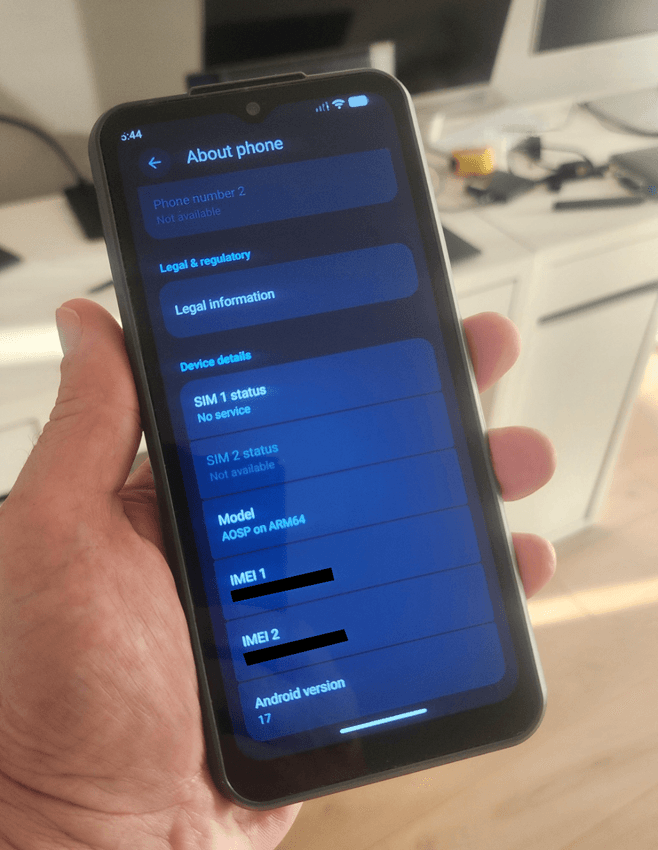 NexPhone com Android 17 na tela Sobre o telefone