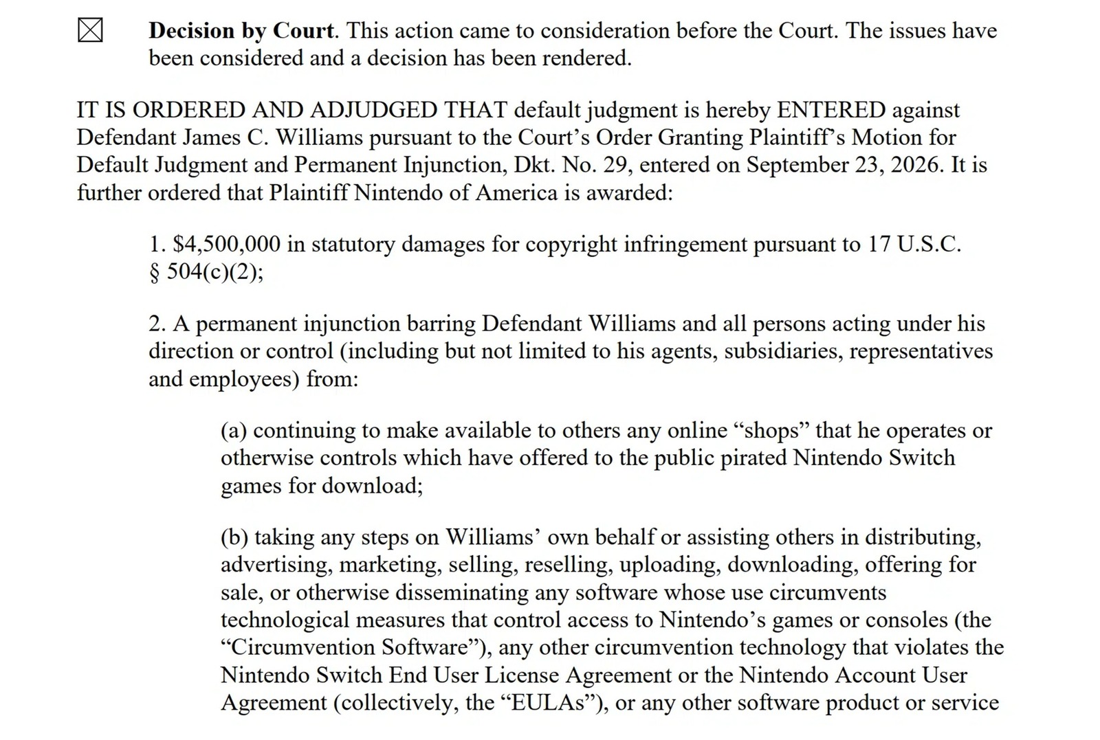 Trecho da sentença que condena James C. Williams a pagar US$ 4,5 milhões à Nintendo of America