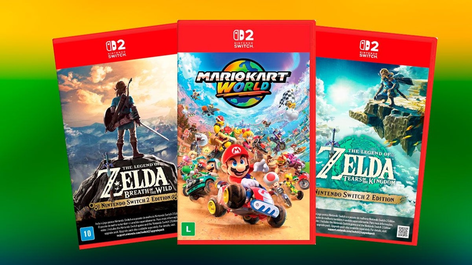 Caixas de jogos de Nintendo Switch 2 com Mario Kart World e as edições de Zelda para o console