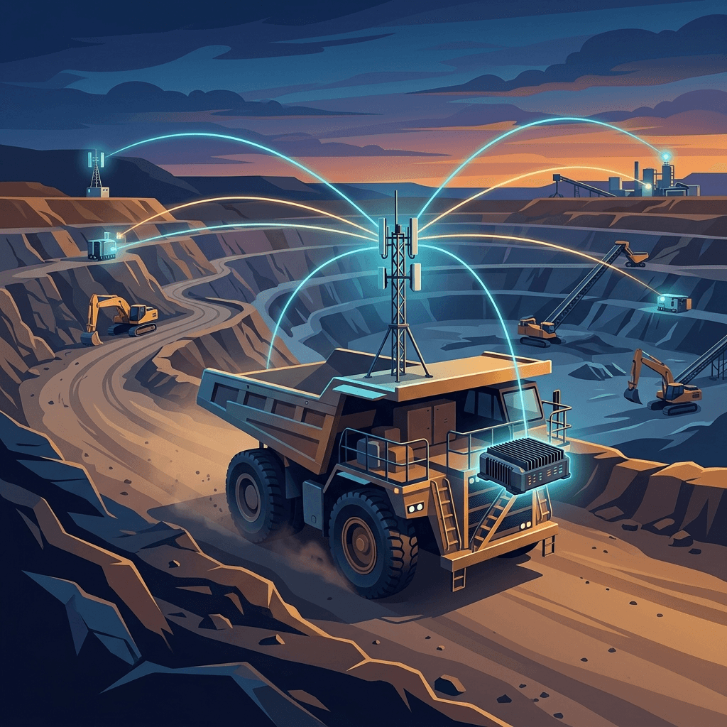 Ilustração conceitual de um veículo de mineração com antena móvel conectada a um módulo de processamento na borda