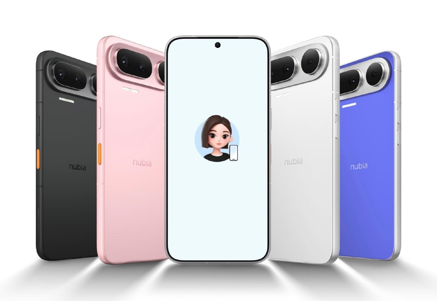 Nubia NaviX Ultra nas cores preta, rosa, branca e roxa, com o assistente de IA na tela