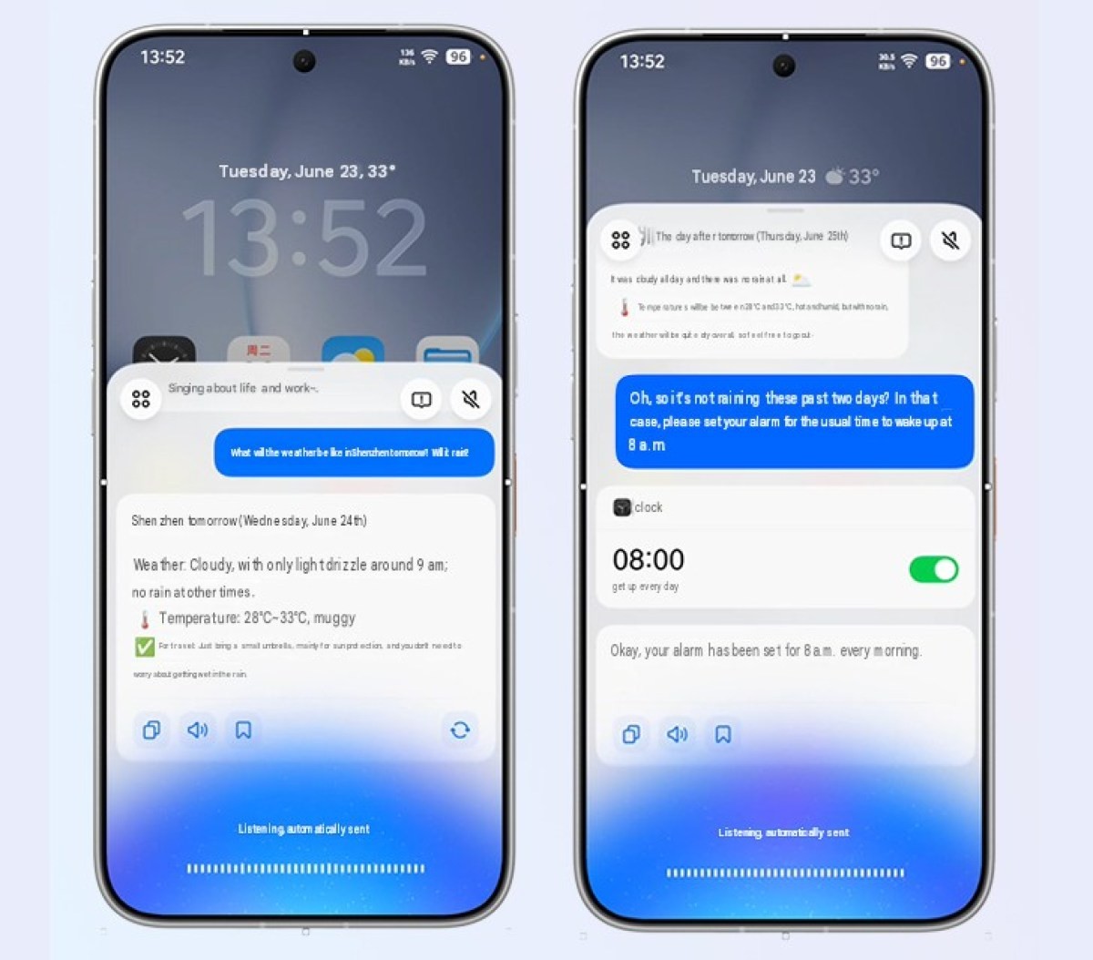 Prints do assistente do NaviX Ultra respondendo sobre o clima e configurando um alarme