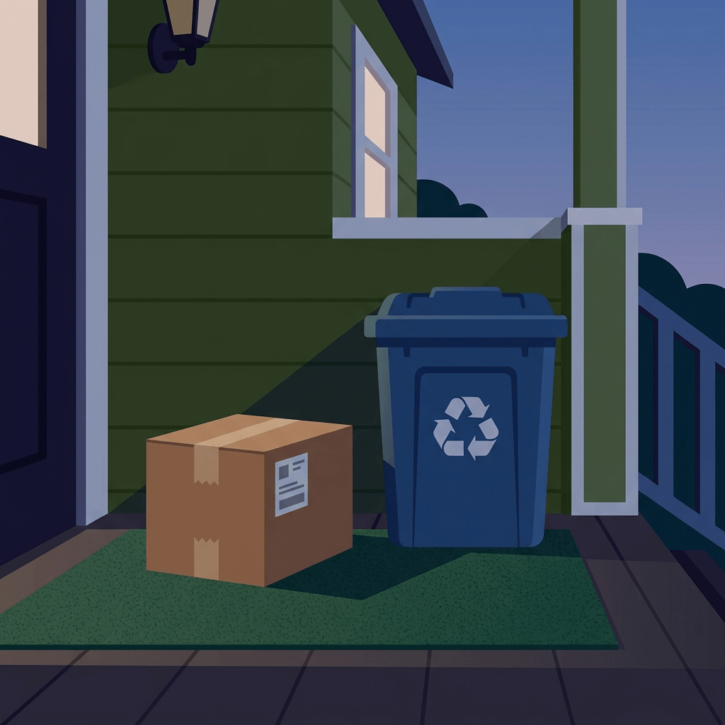 Ilustração conceitual de uma encomenda deixada ao lado de uma lixeira de reciclagem