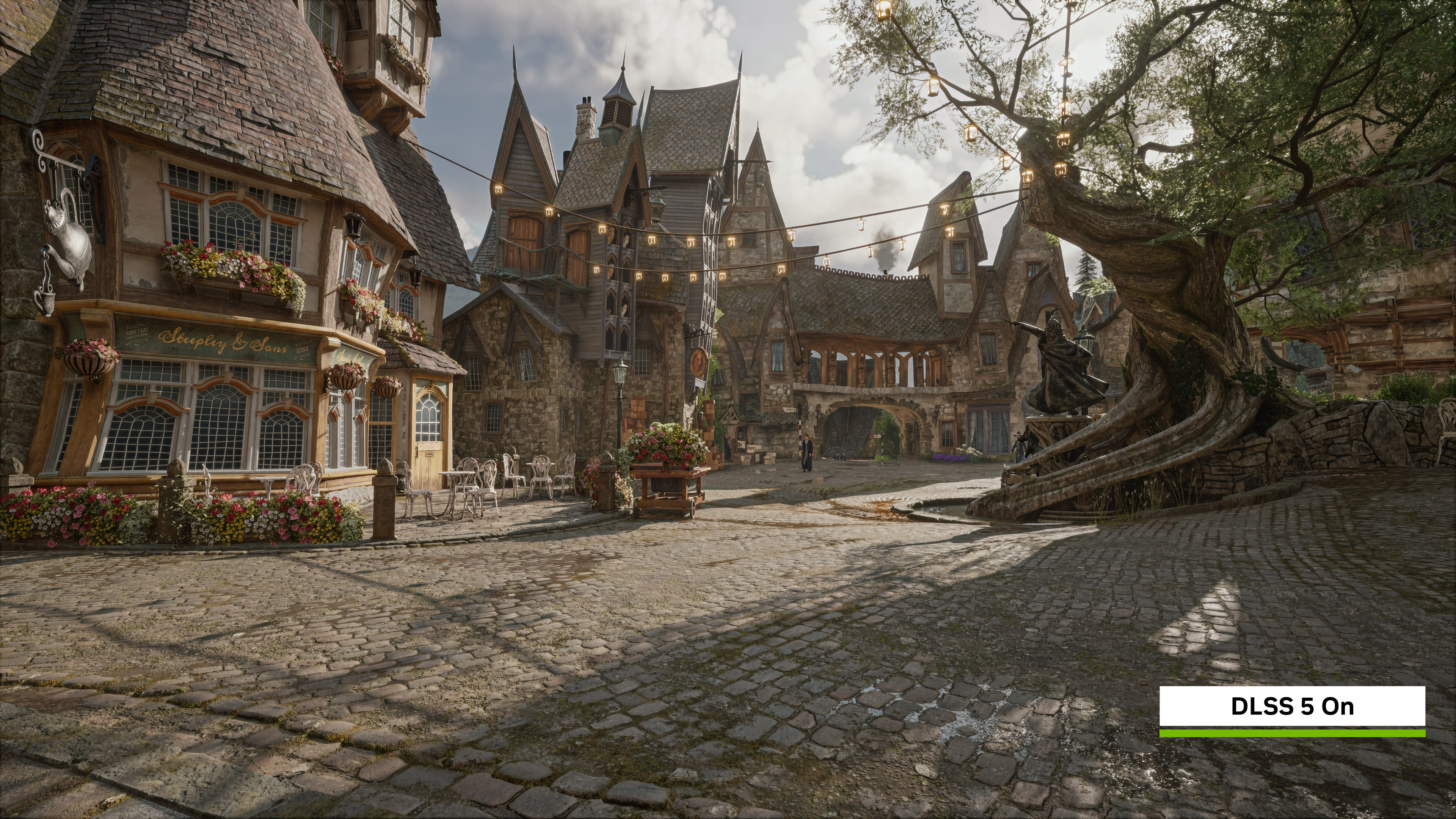 Hogwarts Legacy com DLSS 5 ligado, com iluminação e materiais refeitos pela IA