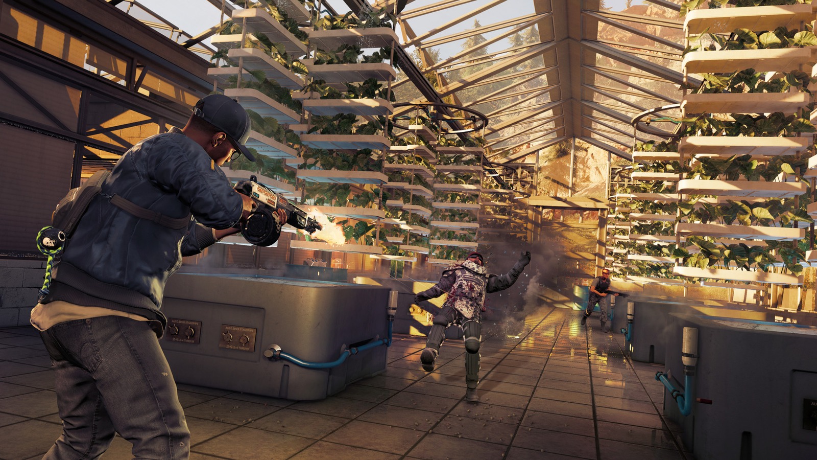 Marcus Holloway em tiroteio numa estufa em Watch Dogs 2