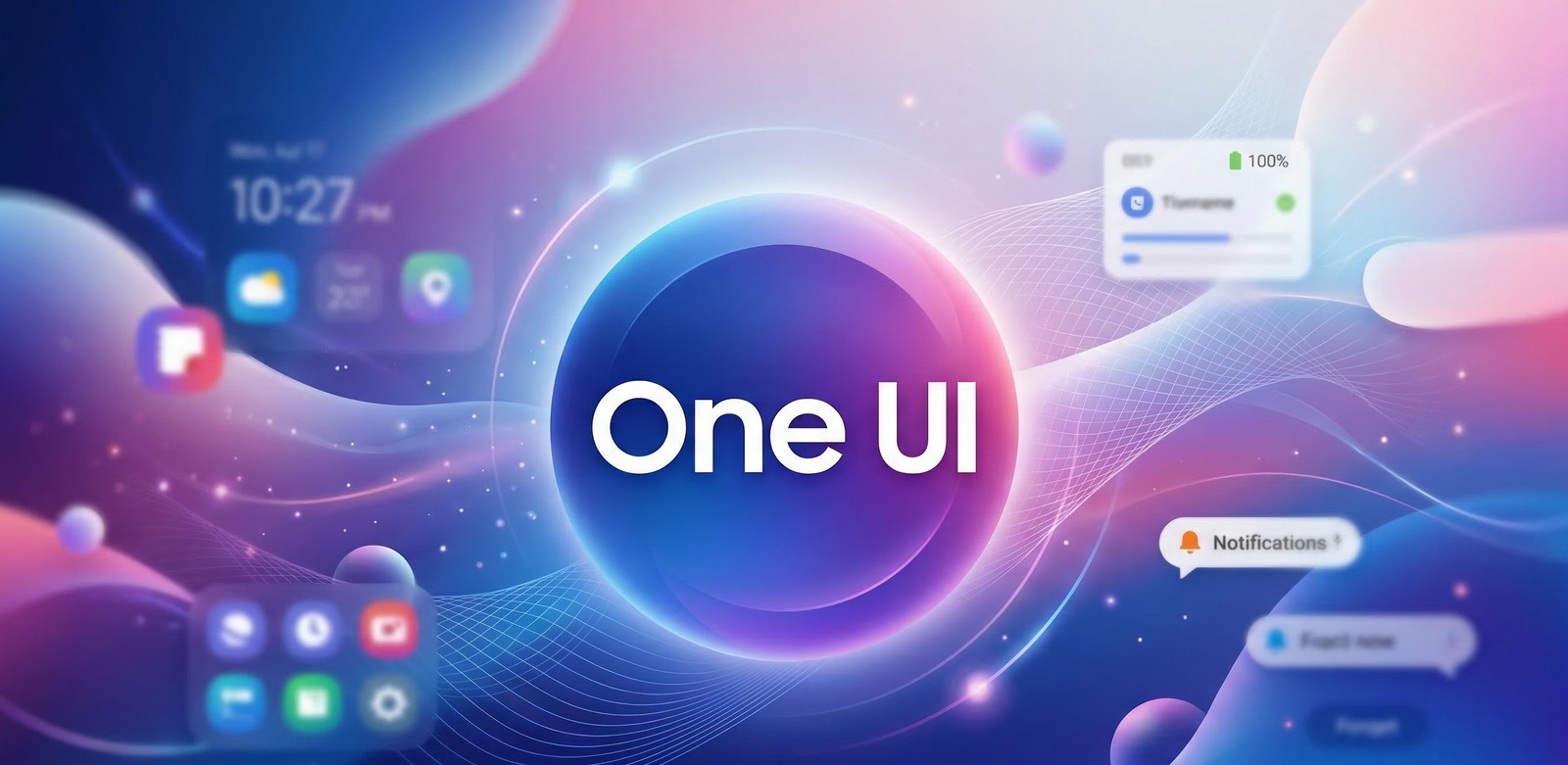Ilustração da One UI com ícones e notificações