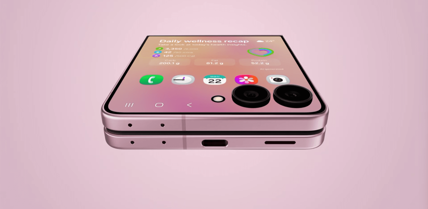 Galaxy Z Flip com a tela externa exibindo widgets da One UI 9