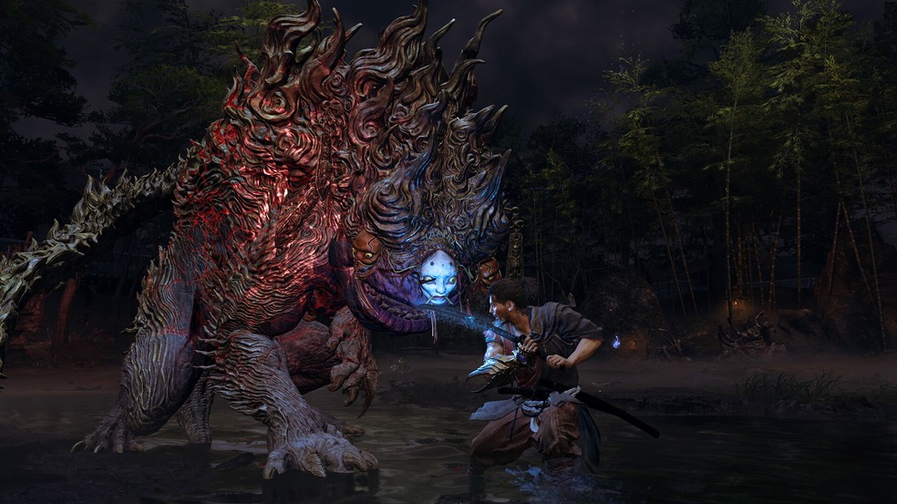 Cena de gameplay de Onimusha Way of the Sword com combate de espadas