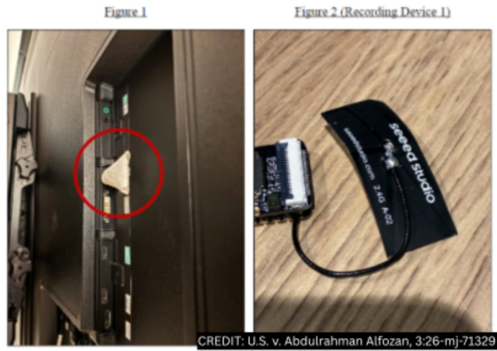 Fotos da denúncia: o ponto atrás da TV onde estava a escuta e o gravador Wi-Fi apreendido (crédito: Departamento de Justiça dos EUA)