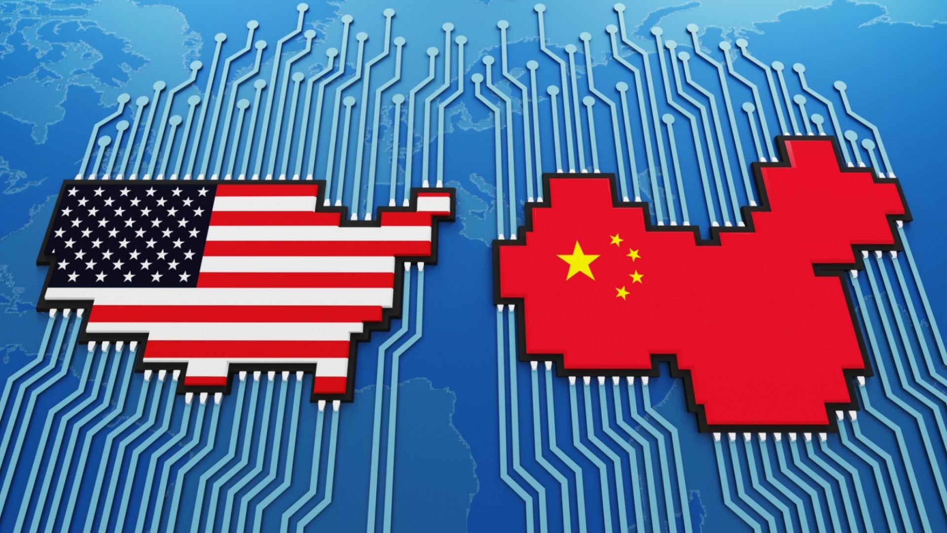 Bandeiras dos Estados Unidos e da China sobre circuito eletrônico